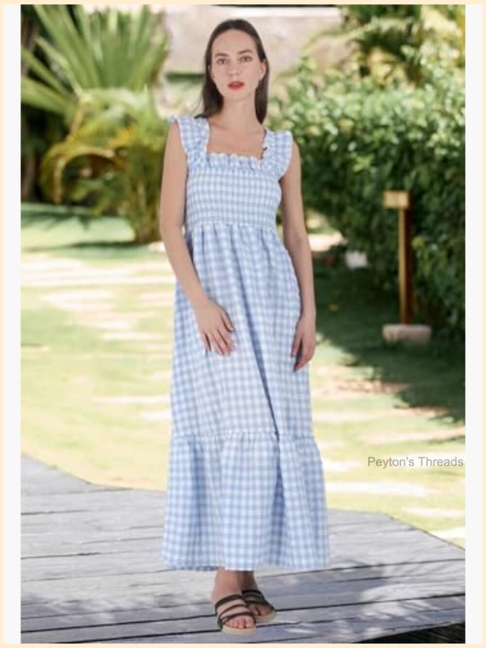 Retro Plaid Smocked Dress Spaghetti Strap Flounce Long Dress - Picture 4 of 7